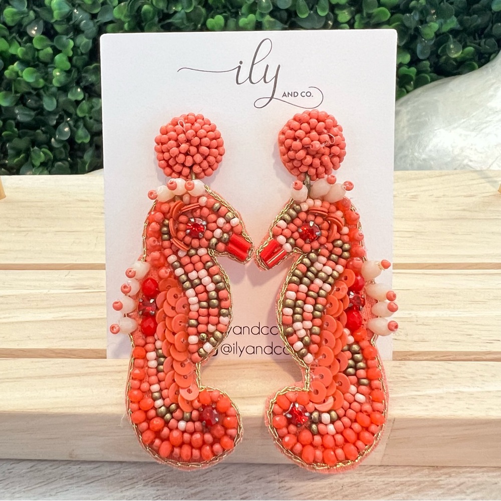 New Coral and Cream Beaded Seahorse Earrings | Lightweight| Statement Earrings